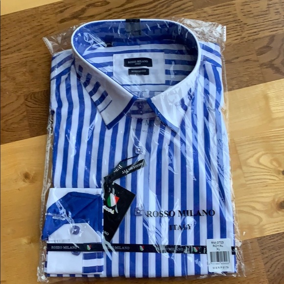 rosso milano men's dress shirts CONTRAST COLLAR CUTAWAY-COLLAR SHIRT  Rosso/White Rigato 38